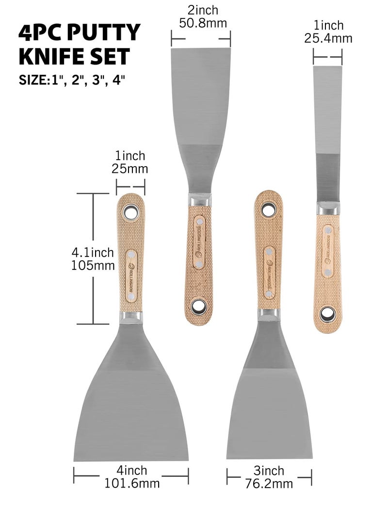 ROLLINGDOG 4PC Putty Knife Scrapers - Stainless Steel Spackle Knife Set with Laser Engraved Wood Handle for Scrapering,Drywall Repairs and Spreading(1",2",3",4") - Image 2